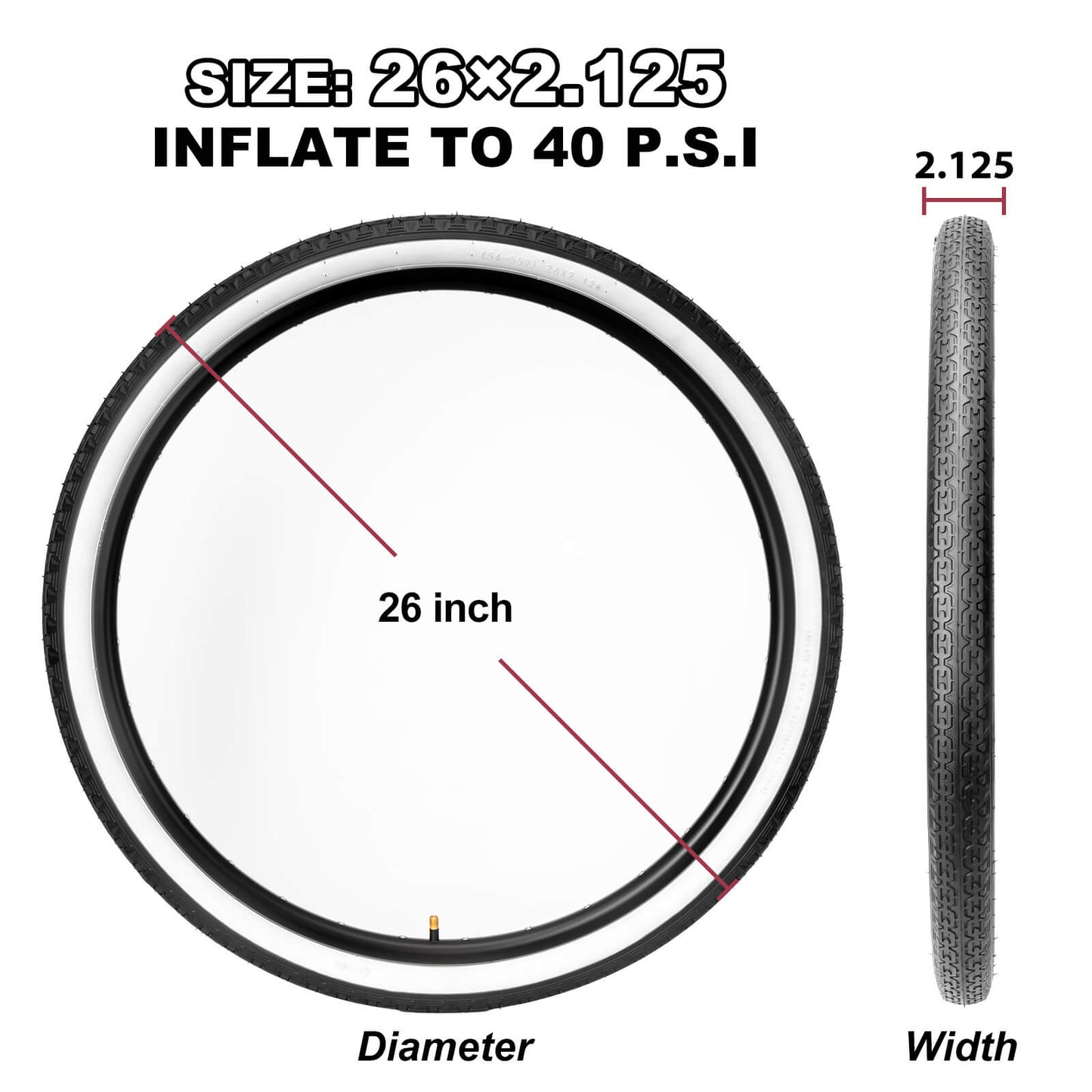Hycline 26-inch bicycle tire, Chain Cruises model, 2.125-inch width, featuring a durable tread pattern suitable for city riding.