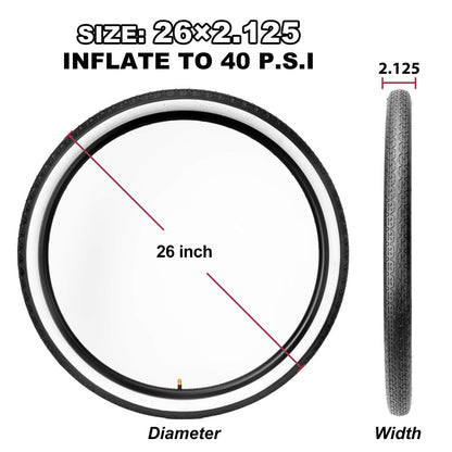 Hycline 26-inch bicycle tire, Chain Cruises model, 2.125-inch width, featuring a durable tread pattern suitable for city riding.