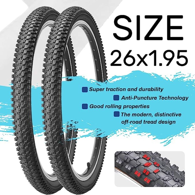 Hycline 26-inch mountain bike tires with inner tubes, durable rubber tread for off-road cycling, shown in a 2-pack set.