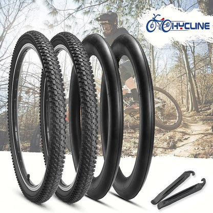 Hycline 26-inch mountain bike tire with 1.95-inch width, shown with two tires and inner tubes for off-road cycling.