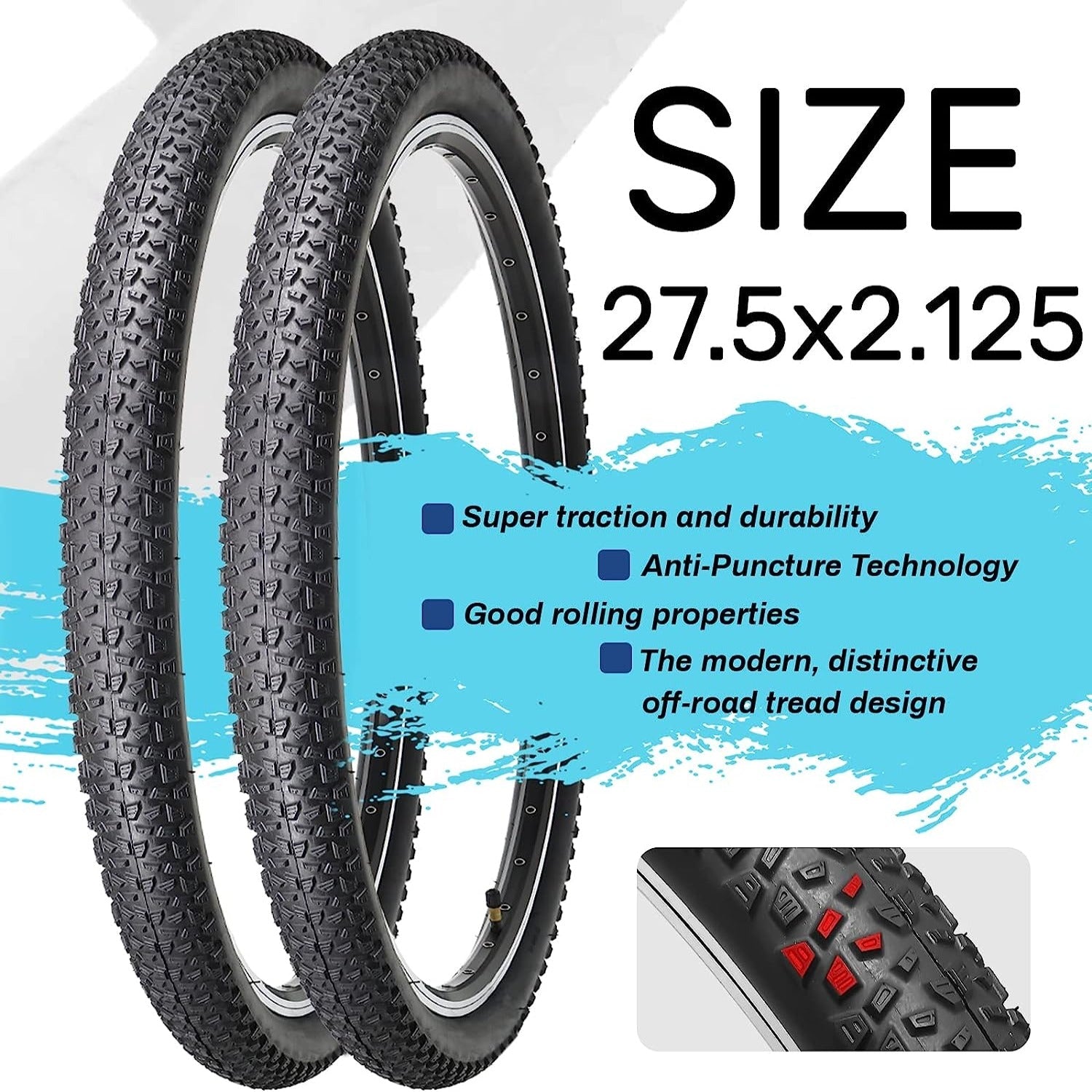 Hycline Baxon XC 27.5-inch mountain bike tires with 2.125-inch width, shown with inner tubes in a 2-pack set.