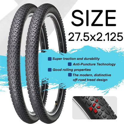 Hycline Baxon XC 27.5-inch mountain bike tires with 2.125-inch width, shown with inner tubes in a 2-pack set.