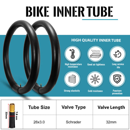 Two Hycline 20-inch and 26-inch bike inner tubes with 3-inch width in a 2-pack, suitable for fat tire bicycles.