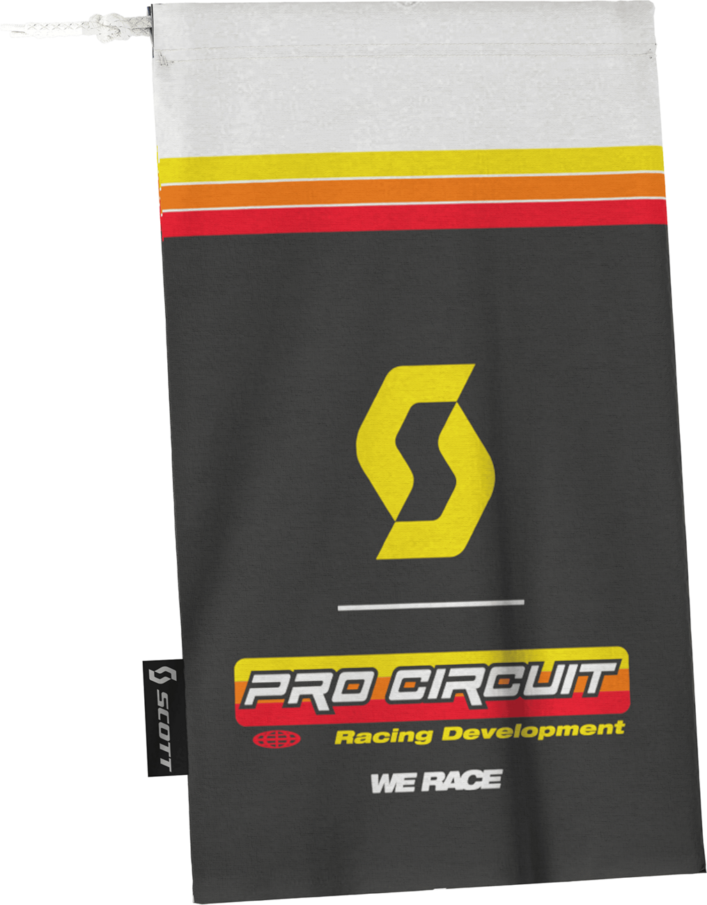 Scott Pro Circuit Prospect goggles in black and white with yellow accents, featuring clear lenses and adjustable strap.