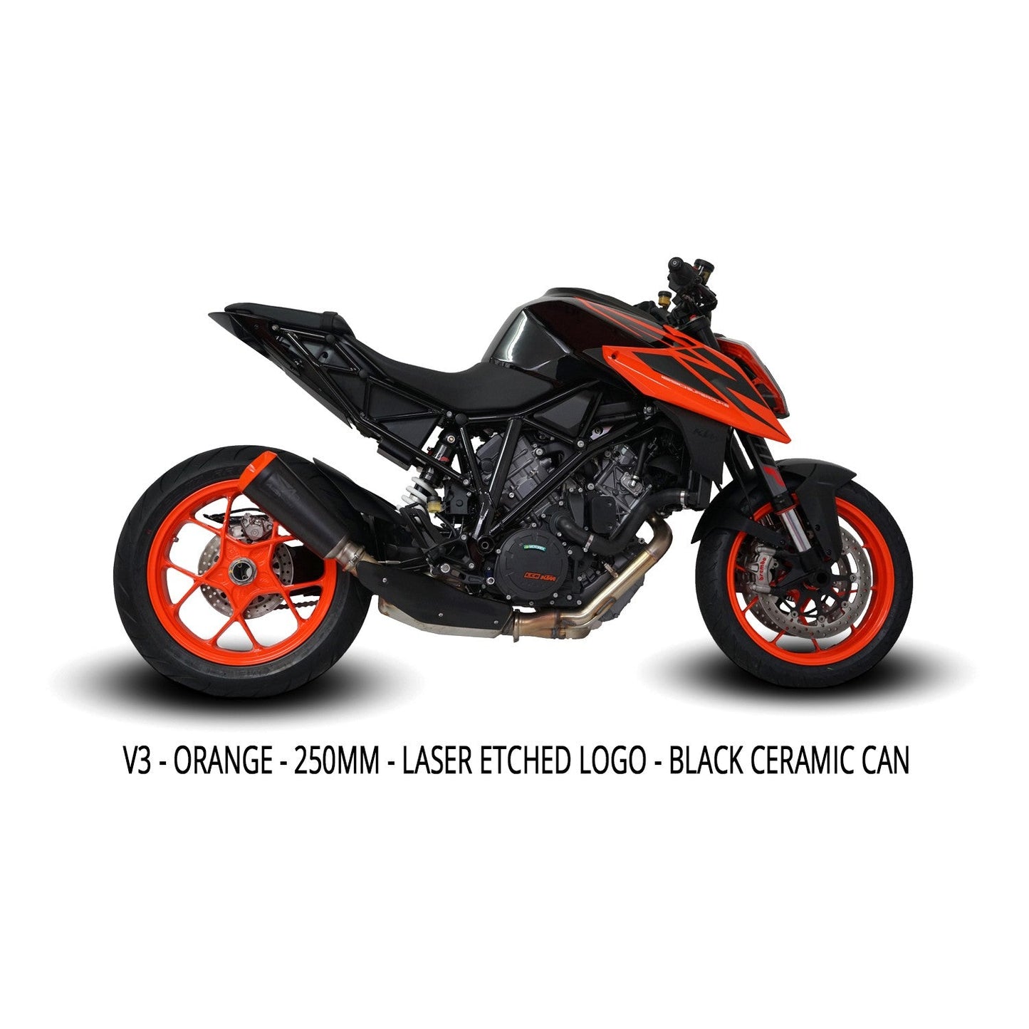 Austin Racing V3 black and orange slip-on exhaust for KTM Superduke 1290 R and GT models, showcasing the sleek design and branding.