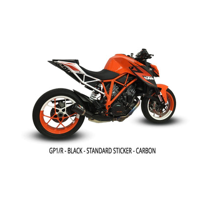 Austin Racing V3 black and orange slip-on exhaust for KTM Superduke 1290 R and GT models, featuring sleek design and branding.