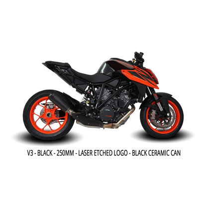 Austin Racing V3 black and orange tip slip-on exhaust for KTM Superduke 1290 R and GT models, in stock and ready for installation.