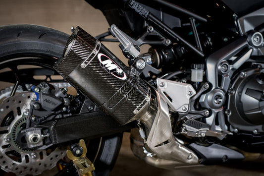 Carbon fiber slip-on exhaust for 2017-2026 Kawasaki Z900 by Bill's Exhausts, detailed view of the sleek exhaust tip.