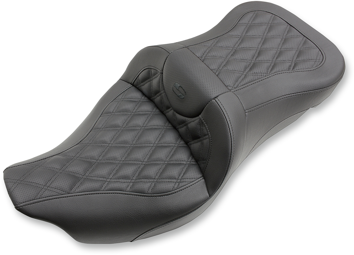Bill's Exhausts SADDLEMEN Extended Reach Road Sofa Seat for Harley FL with lattice stitching, 2008-2023 motorcycle seat.