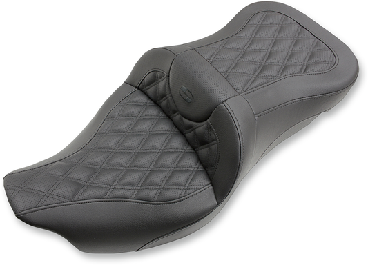 Bill's Exhausts SADDLEMEN Extended Reach Road Sofa Seat for Harley FL with lattice stitching, 2008-2023 motorcycle seat.
