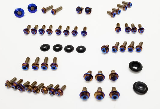 Titanium body bolt kit from Warp9Racing with silver-colored bolts laid out on a white background.