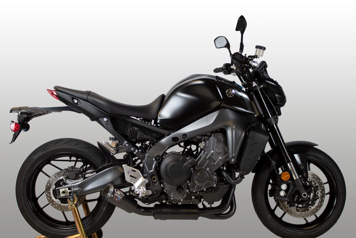 All black full M4 exhaust system for Yamaha MT-09 2021-2026, side view showcasing sleek design by Bill's Exhausts.