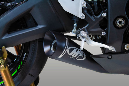 Black slip-on M4 exhaust for Kawasaki ZX10R 2021-2025 by Bill's Exhausts, shown close-up view of the exhaust system.