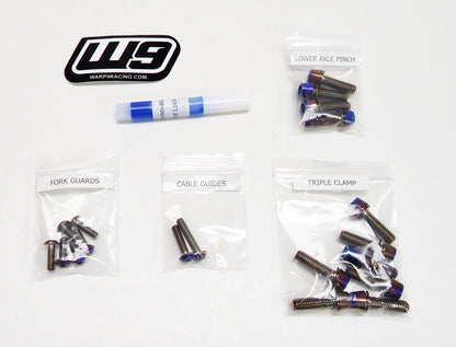 Warp9Racing titanium fork bolts for Surron and Talaria electric bikes, lightweight and durable motorcycle suspension hardware.