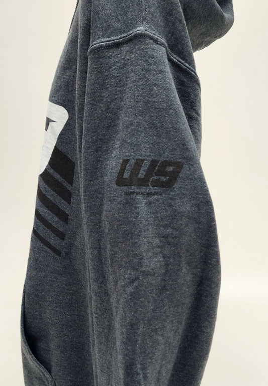 Warp9Racing dark grey W9 hoodie, stylish apparel with a comfortable fit, front pocket, and hood, designed for casual wear.