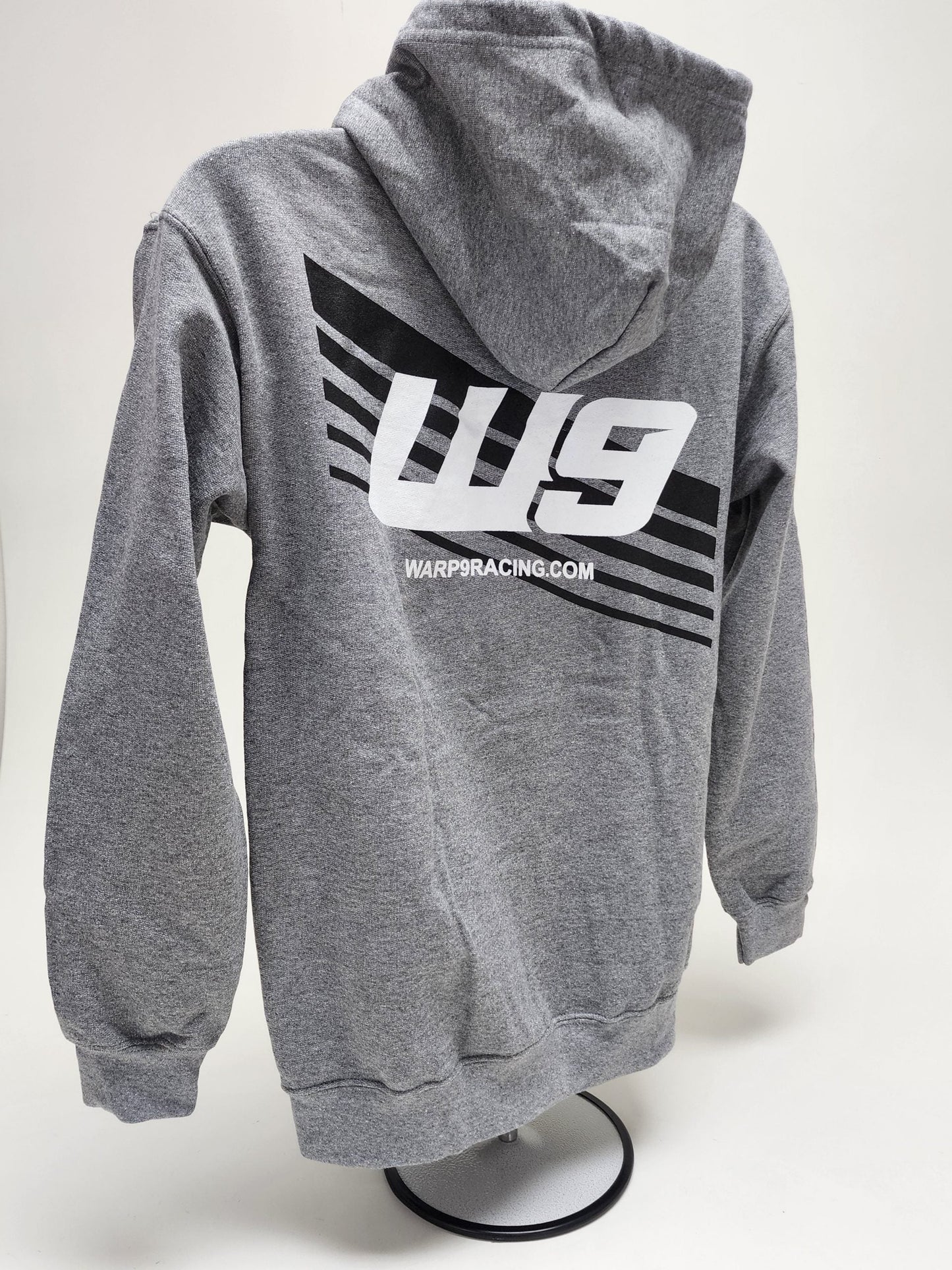 Light grey WarpWear hoodie from Warp9Racing, featuring a comfortable fit and casual style, shown on a hanger.