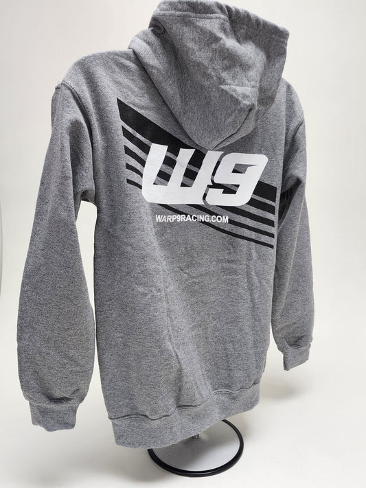 Light grey WarpWear hoodie from Warp9Racing, featuring a comfortable fit and casual style, shown on a hanger.