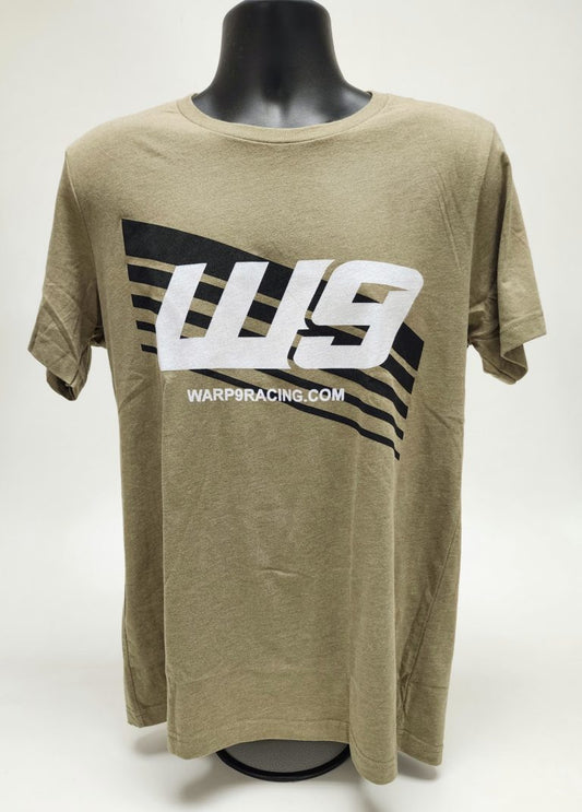 Olive green WarpWear T-shirt with Warp9Racing logo, front view showing casual apparel design and fabric texture.