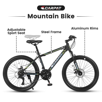 Hycline Ecarpat XR1 24-inch bicycle with a black frame and mountain bike tires, suitable for outdoor riding and off-road adventures.