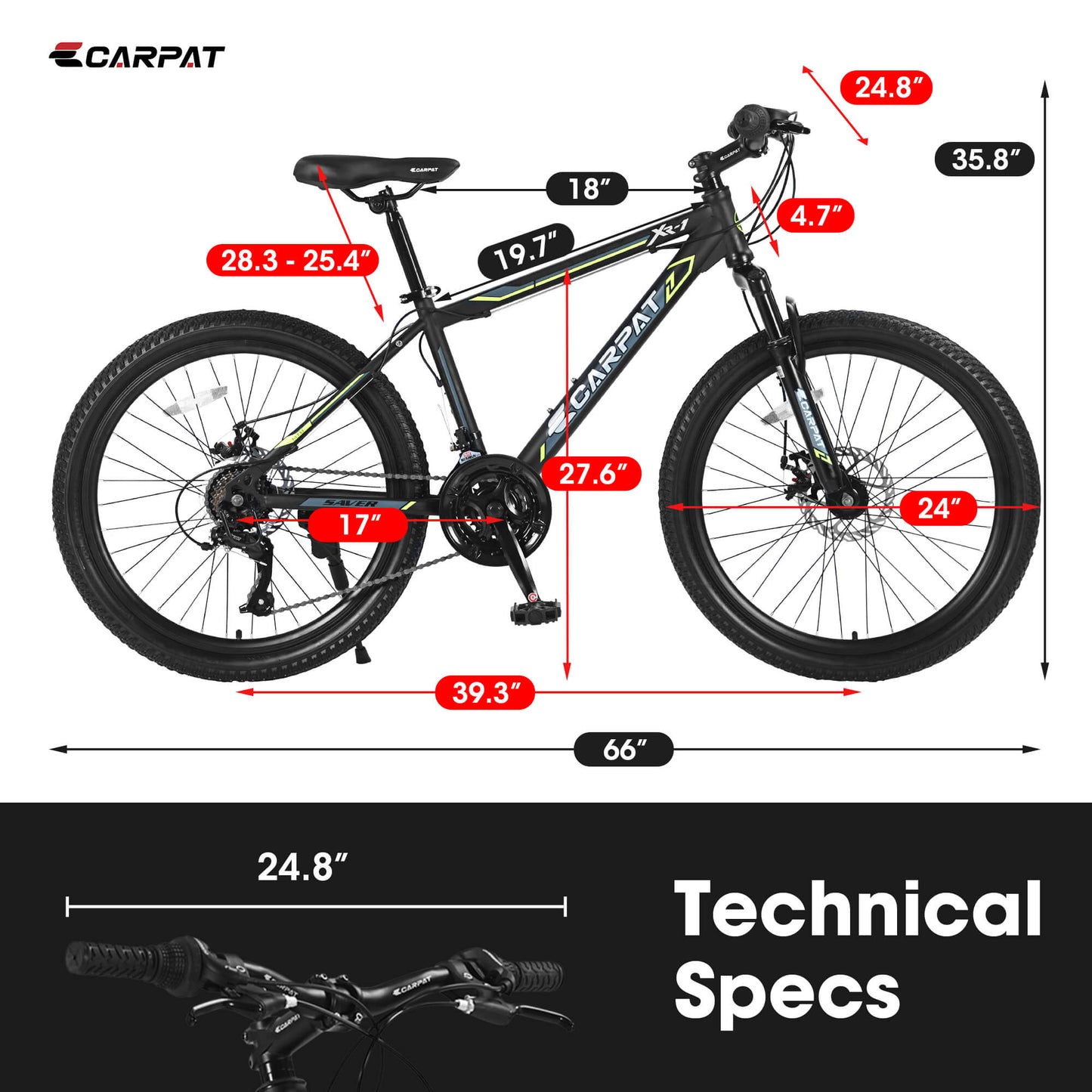 Hycline Ecarpat XR1 24-inch bicycle with black frame, front suspension, and knobby tires, ready for outdoor riding.