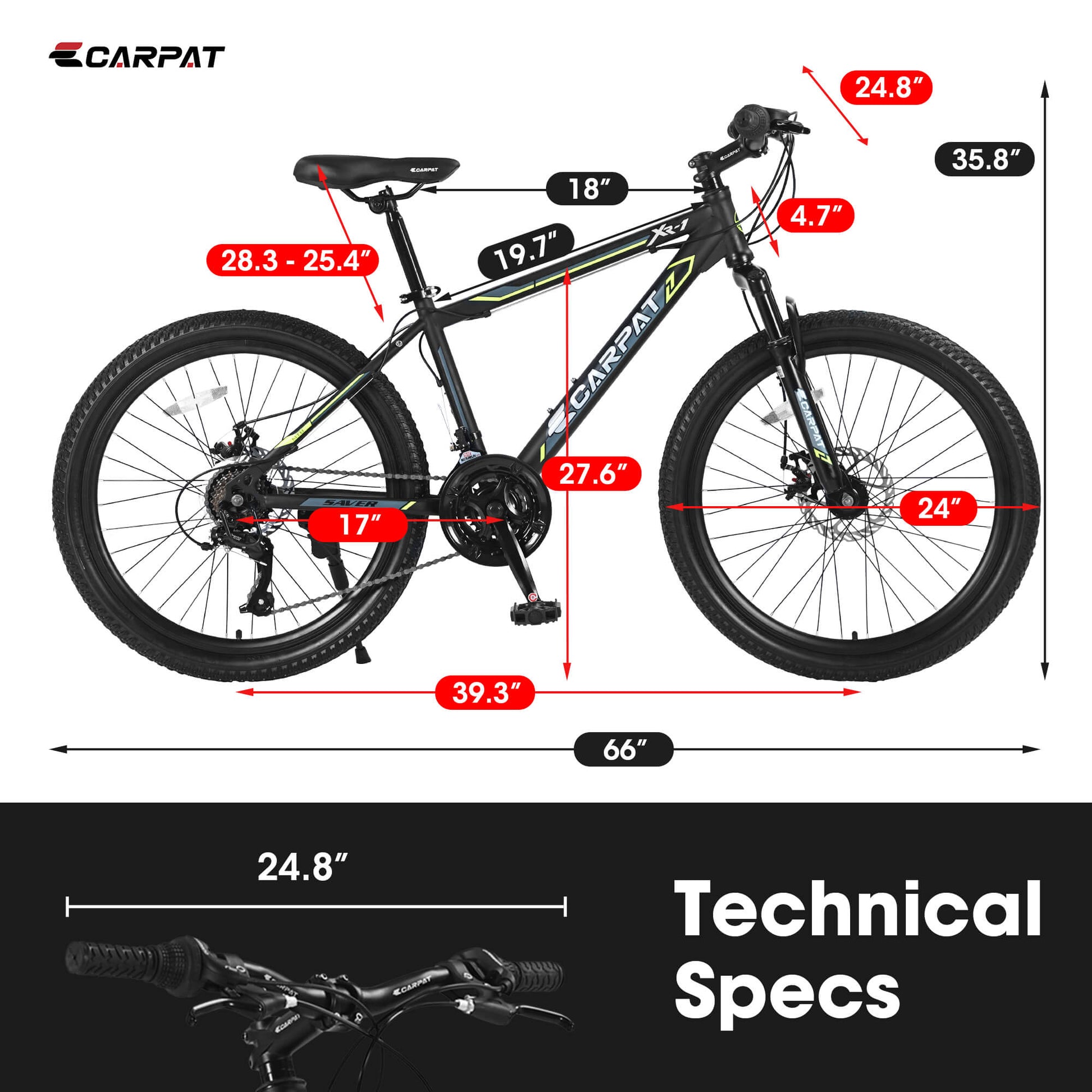 Hycline Ecarpat XR1 24-inch bicycle with black frame, front suspension, and knobby tires, ready for outdoor riding.