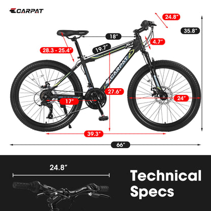 Hycline Ecarpat XR1 24-inch bicycle with black frame, front suspension, and knobby tires, ready for outdoor riding.