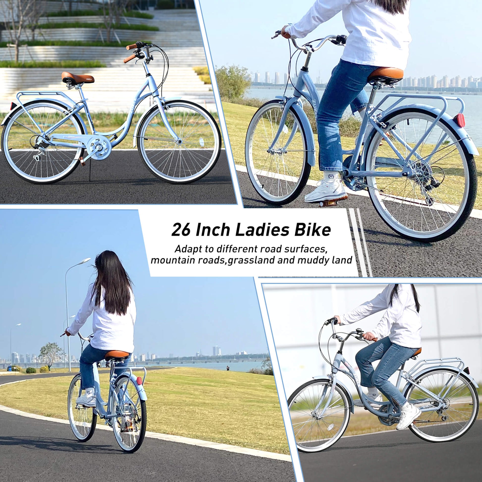 Hycline Zukka Cuckoo 26-inch beach cruiser bicycle with a light blue frame, comfortable saddle, and wide tires for casual riding.
