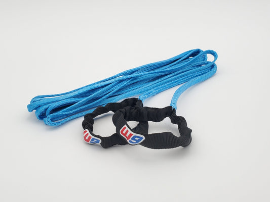 Warp9Racing tow rope, a durable tool for vehicle recovery, shown coiled with reinforced hooks for heavy-duty towing.