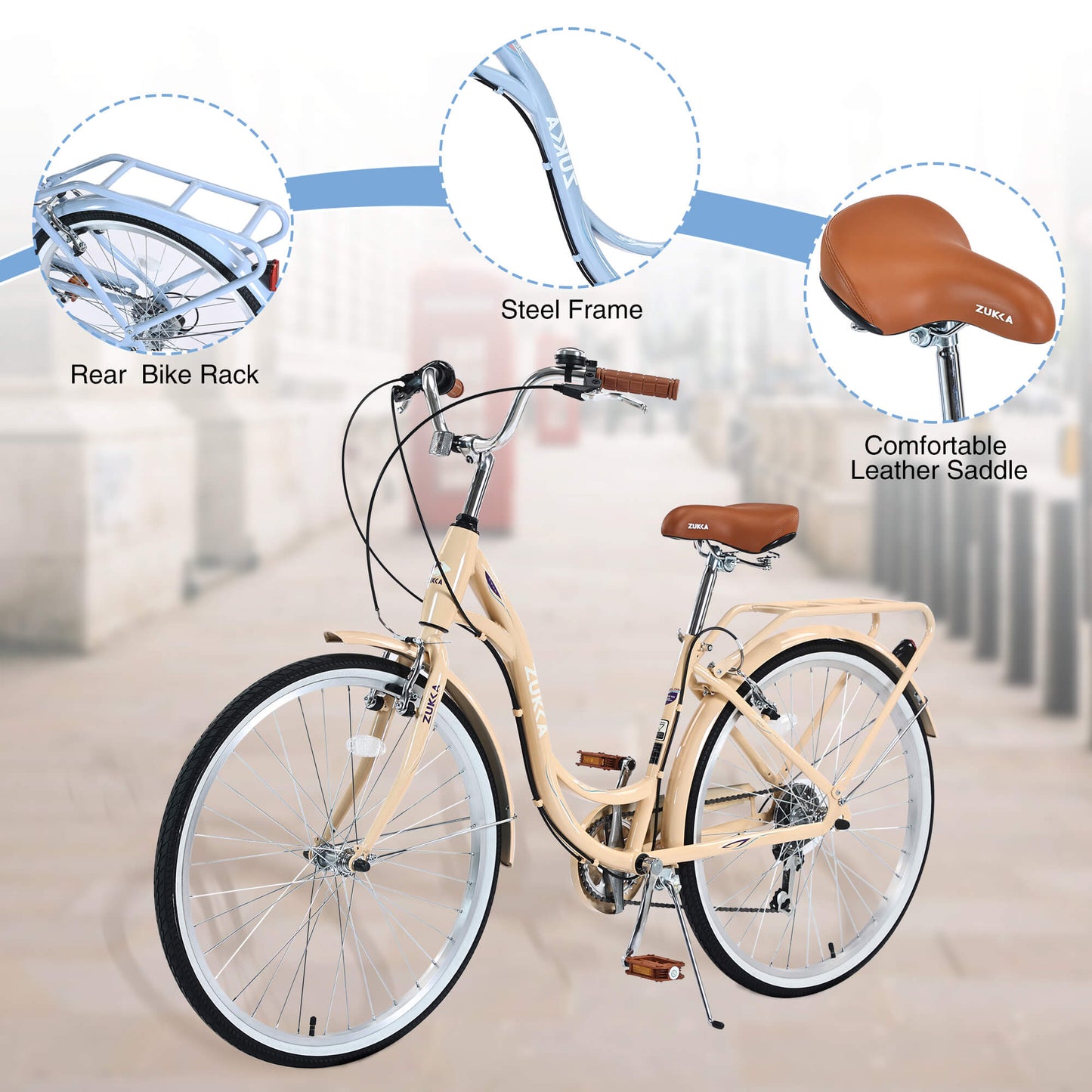 Hycline Zukka Cuckoo 26-inch beach cruiser bicycle with a retro design, wide handlebars, and comfortable seating for casual riding.