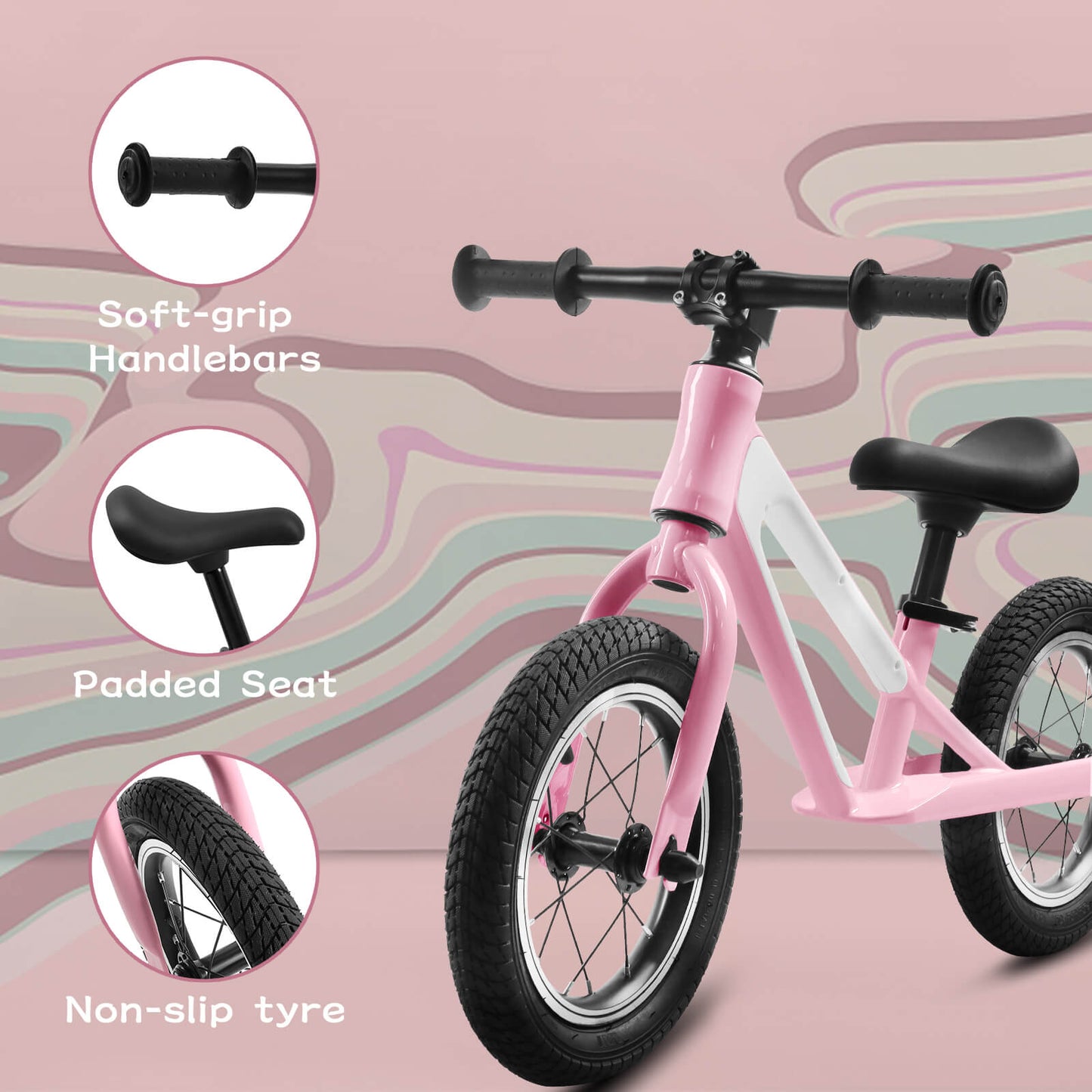 Hycline ChopShip 12-inch baby balancing bike with colorful frame and training wheels, designed for young children learning to ride.