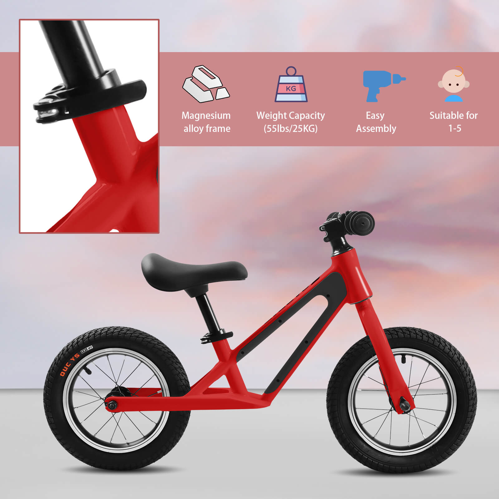 Hycline ChopShip 12-inch baby balancing bike with colorful frame and training wheels, designed for young children learning to ride.