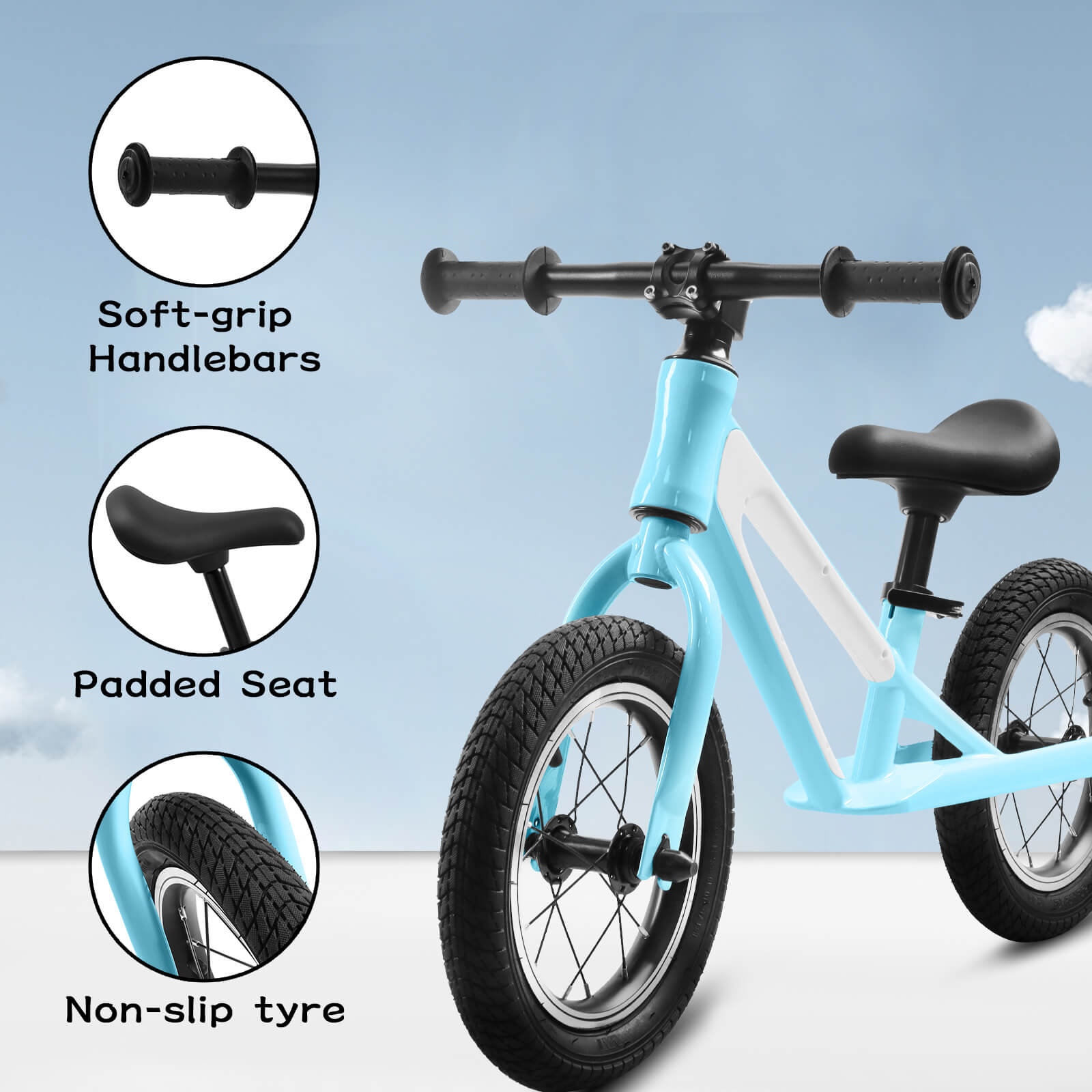 Hycline ChopShip 12-inch baby balancing bike with colorful frame and training wheels, designed for young children learning to ride.