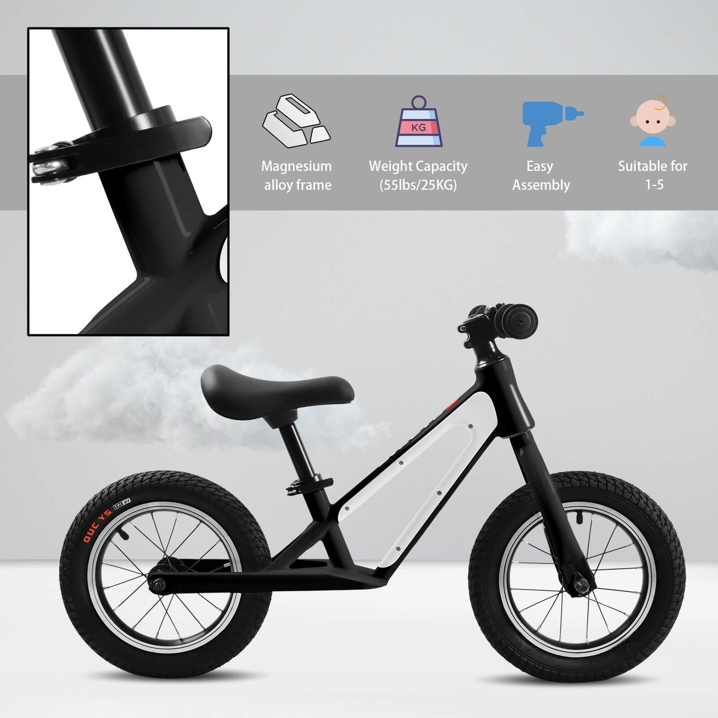 Hycline ChopShip 12-inch baby balancing bike with lightweight frame and ergonomic handlebars for young children learning to ride.