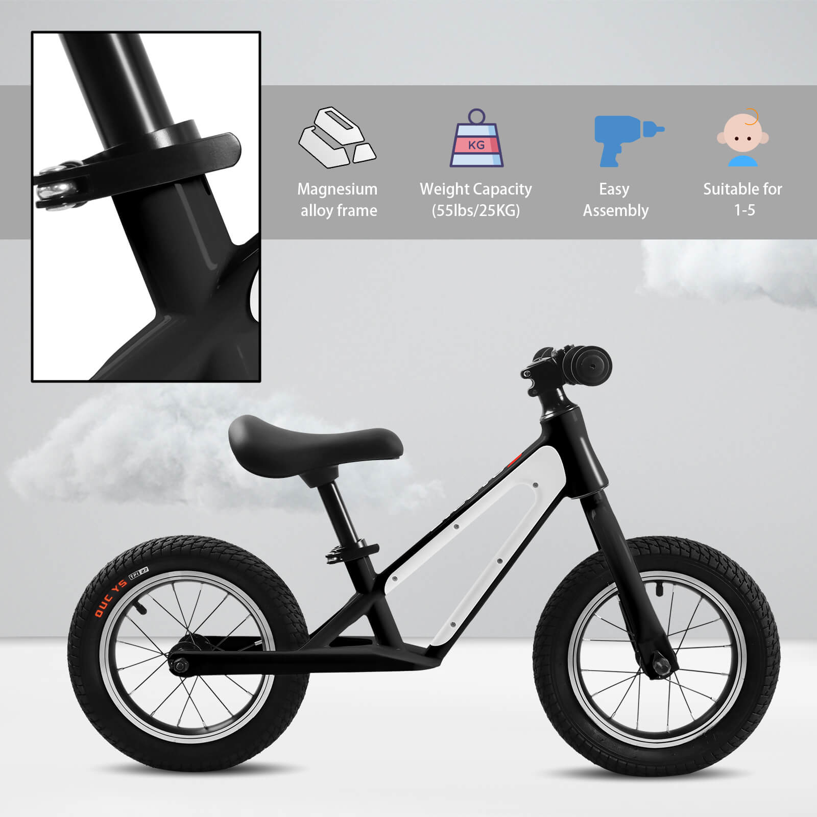 Hycline ChopShip 12-inch baby balancing bike with lightweight frame and ergonomic handlebars for young children learning to ride.