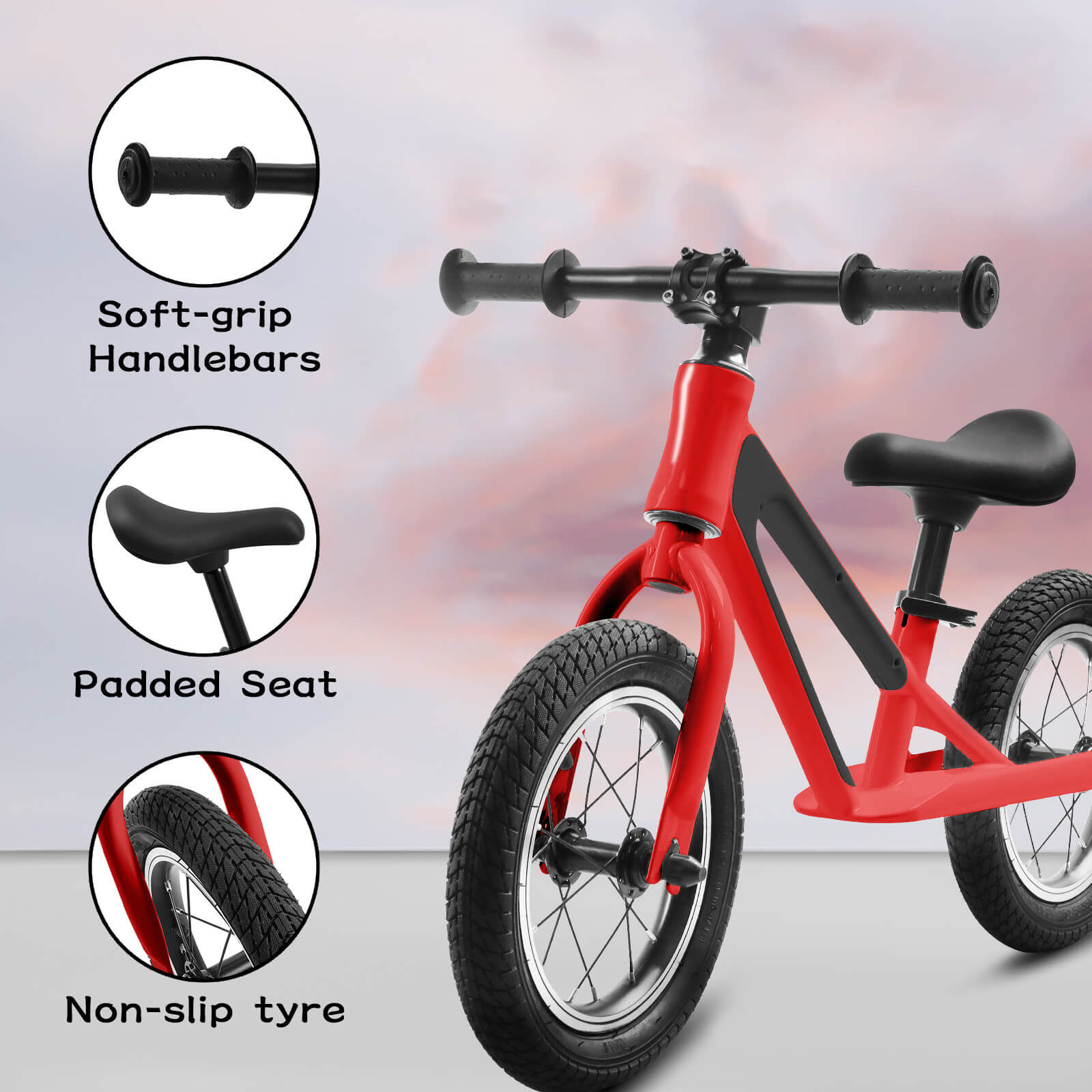 Hycline ChopShip 12-inch baby balancing bike with a sturdy frame and colorful design for young children learning to ride.
