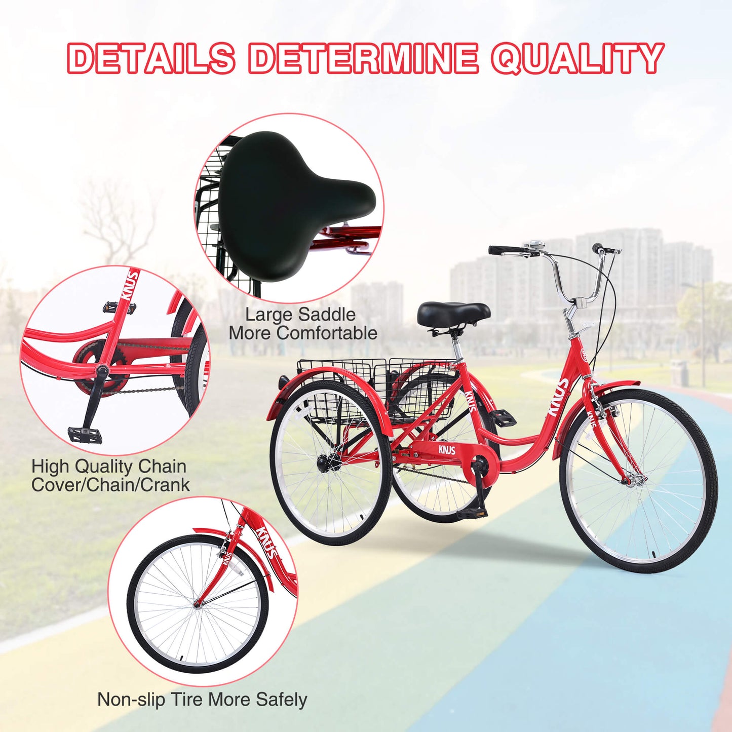 Hycline Knus Virbus 24-inch single-speed adult tricycle with a sturdy metal frame, comfortable seat, and three wheels for stability.