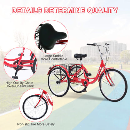 Hycline Knus Virbus 24-inch single-speed adult tricycle with a sturdy metal frame, comfortable seat, and three wheels for stability.