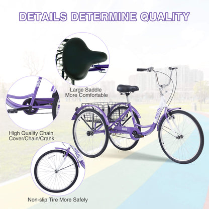 Hycline Knus Virbus 24-inch single-speed adult tricycle with a sturdy frame and comfortable seat, ready for riding.