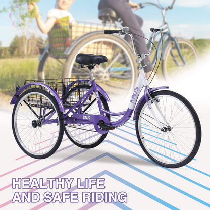 Hycline Knus Virbus 24-inch single-speed adult tricycle with a sturdy frame, comfortable seat, and three wheels for stability.