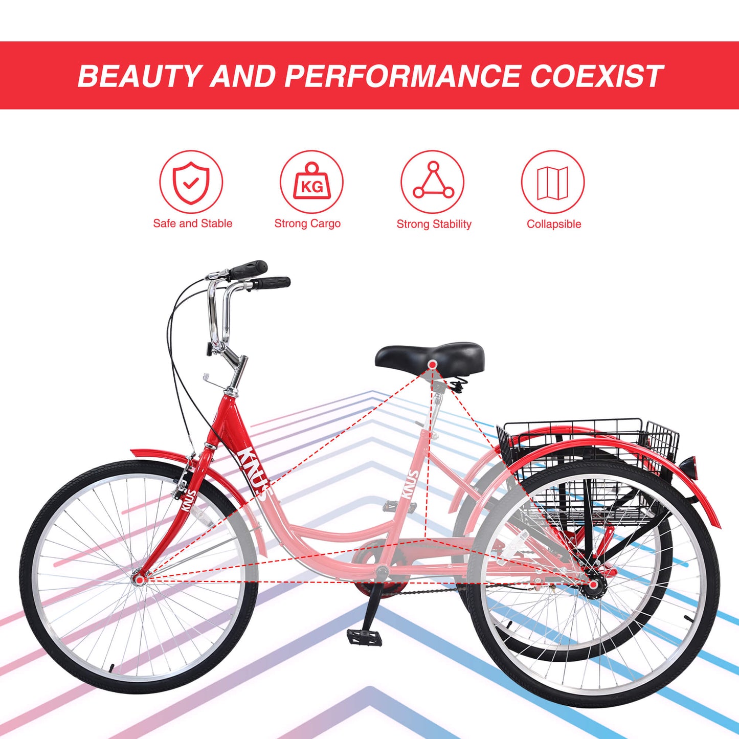 Hycline Knus Virbus 24-inch single-speed adult tricycle with a sturdy frame and three wheels, ideal for comfortable urban riding.