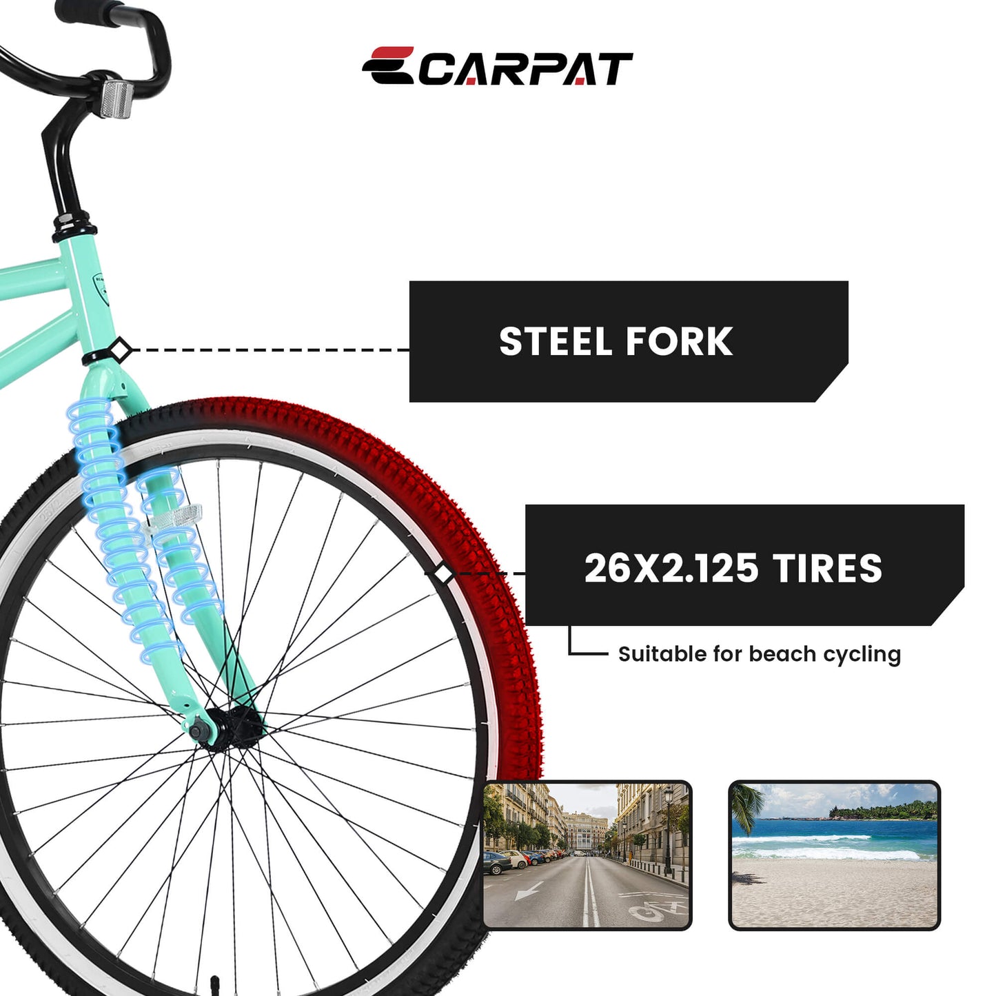Hycline Roowee 26-inch beach cruiser bicycle with wide handlebars and comfortable saddle, ideal for casual riding on the beach.