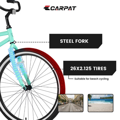 Hycline Roowee 26-inch beach cruiser bicycle with wide handlebars and comfortable saddle, ideal for casual riding on the beach.