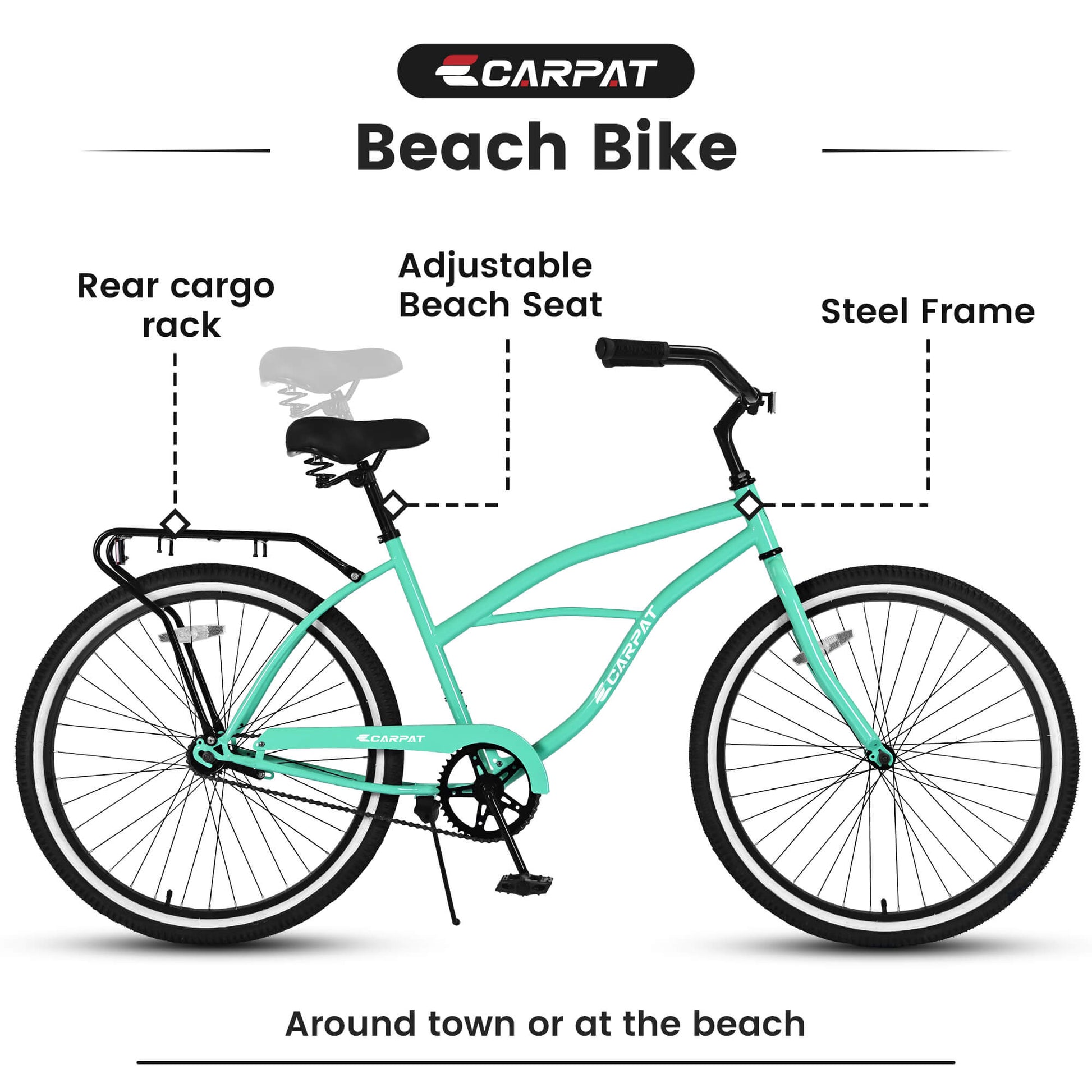 Hycline Roowee 26-inch beach cruiser bicycle with a sturdy frame, wide tires, and a comfortable seat, ideal for casual riding.