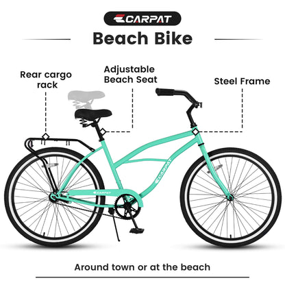 Hycline Roowee 26-inch beach cruiser bicycle with a sturdy frame, wide tires, and a comfortable seat, ideal for casual riding.