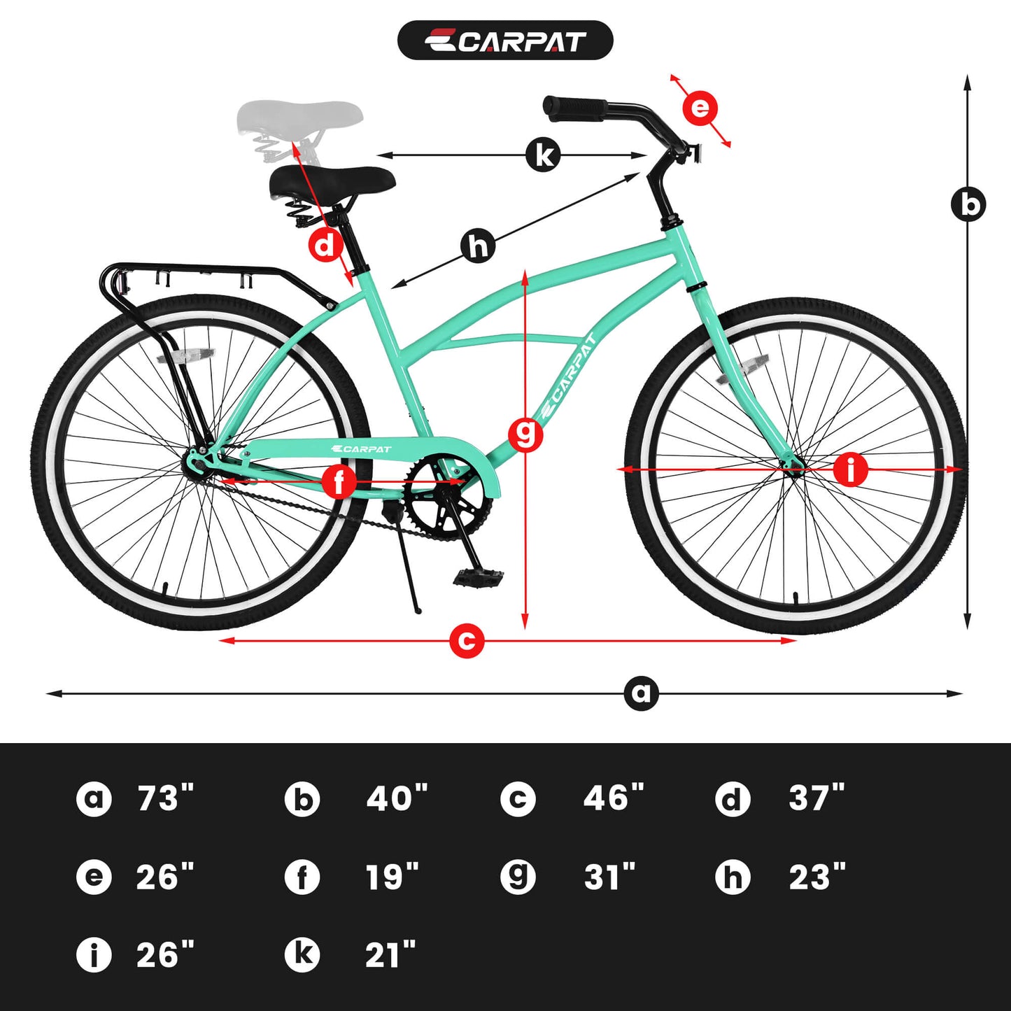 Hycline Ecarpat Roowee 26-inch beach cruiser bicycle with comfortable saddle and wide tires, ideal for casual riding on beaches.