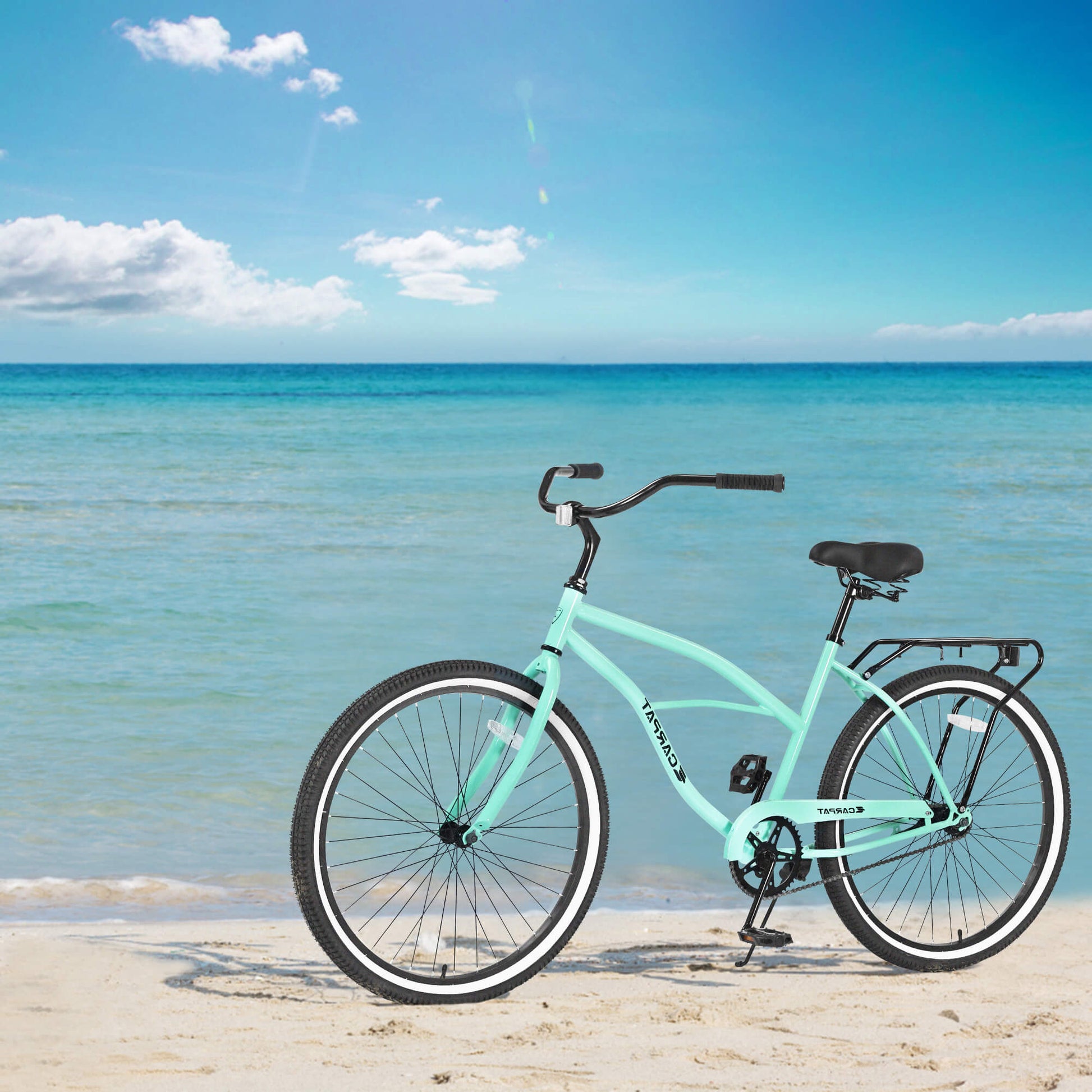 Hycline Ecarpat Roowee 26-inch beach cruiser bicycle with a classic frame and comfortable saddle, ideal for casual riding on sandy paths.