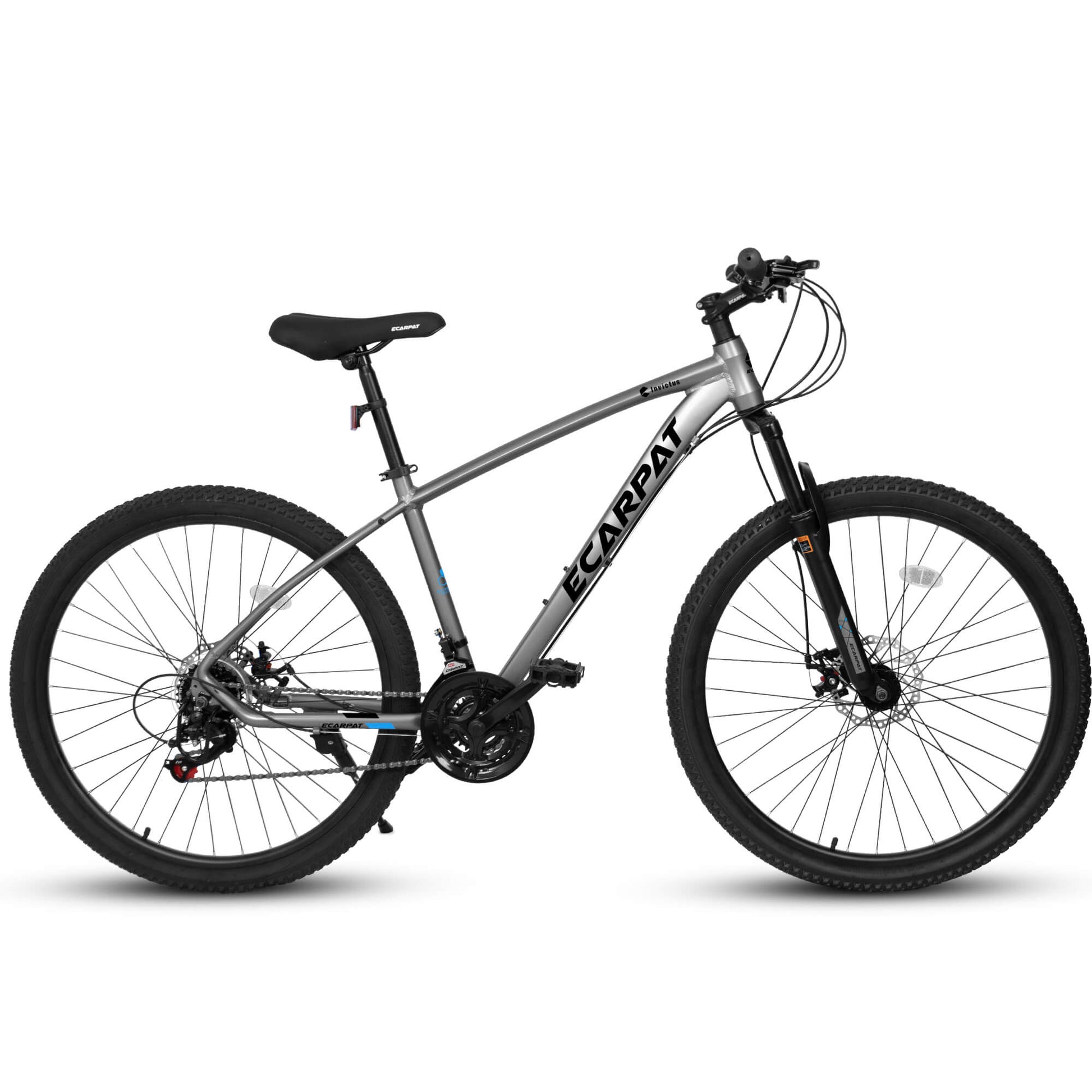 Hycline Ecarpat Tendar X5 27.5-inch mountain bicycle with black frame and suspension fork, ready for off-road riding.