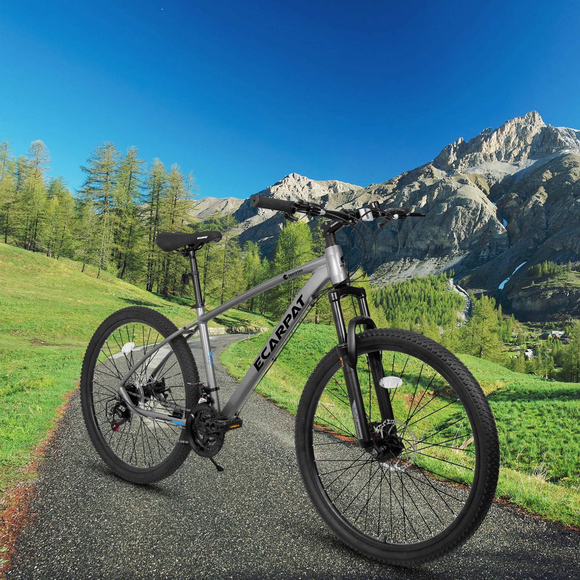 Hycline Ecarpat Tendar X5 27.5-inch bicycle with black frame and mountain bike design, featuring front suspension and knobby tires.