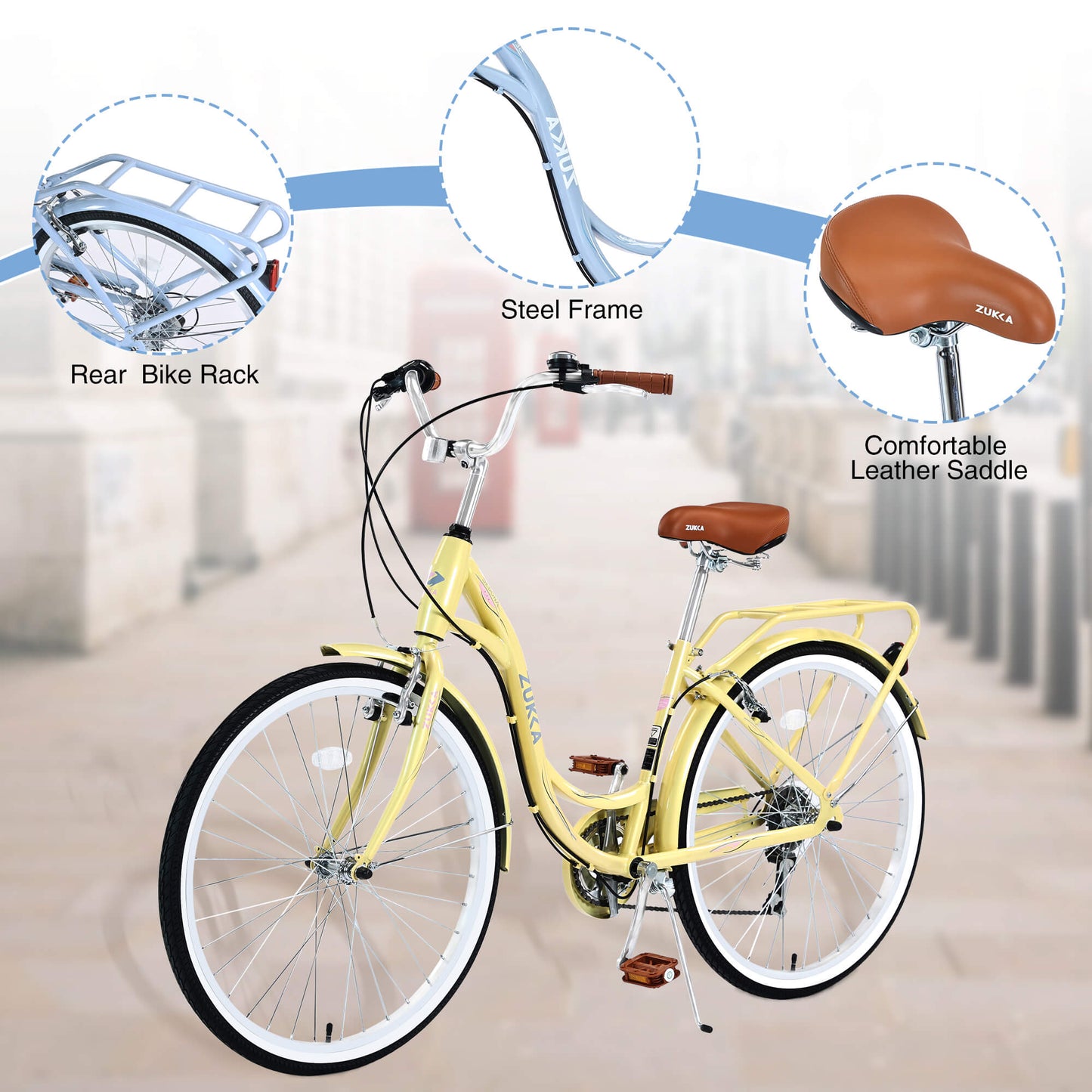 Hycline Zukka Cuckoo 26-inch beach cruiser bicycle with a classic design, comfortable seat, and sturdy frame for relaxed riding.