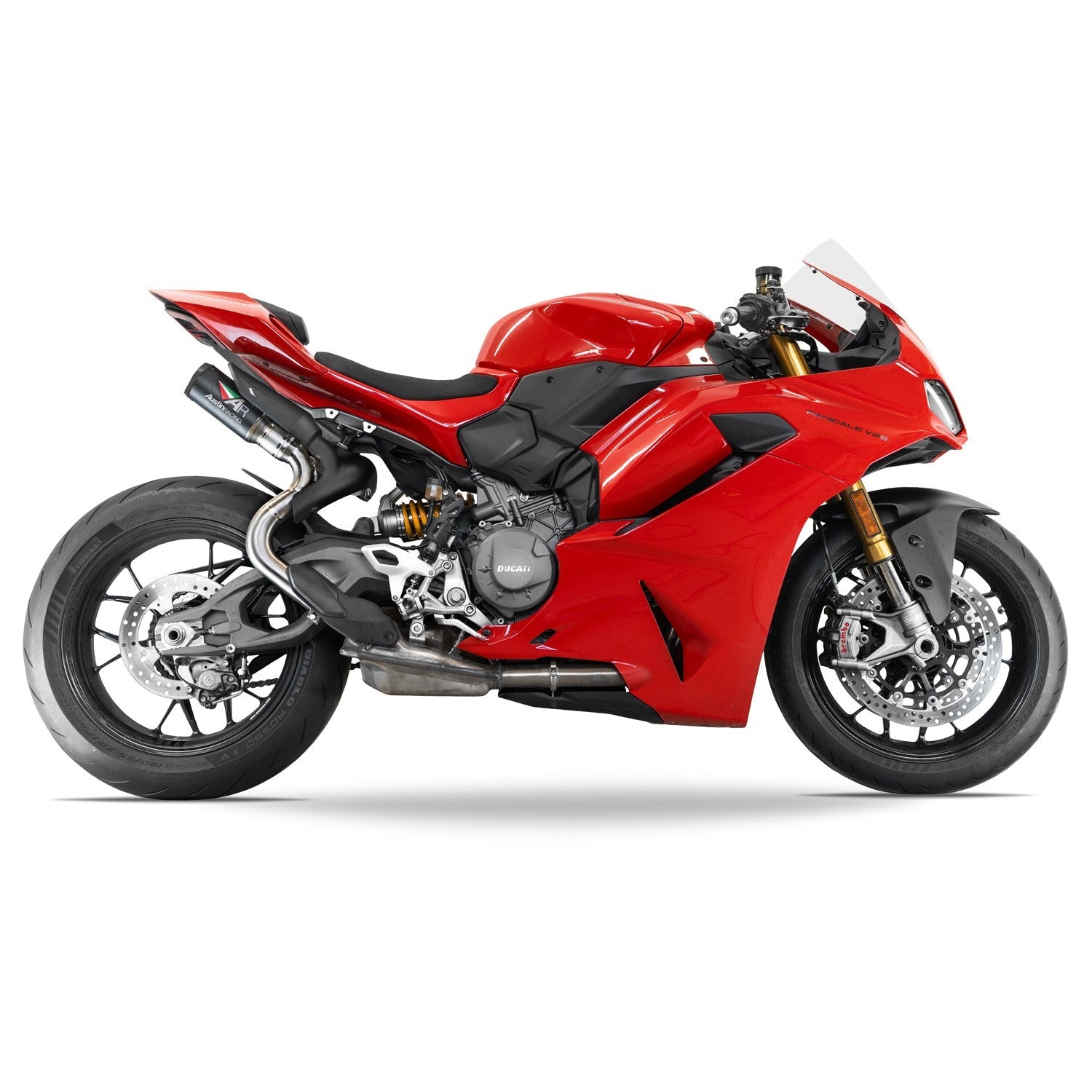 Black Austin Racing 2025 V2 slip-on exhaust system for Ducati Panigale RS22-V, race and DB compliant, installed on motorcycle.